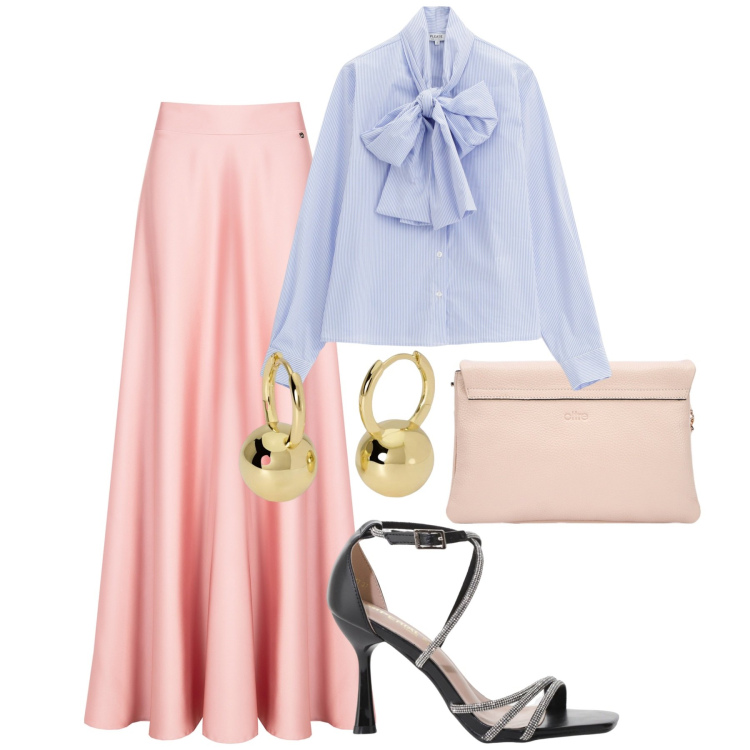 Outfit donna - Seta al tramonto. Stile Bon Ton per Cerimonia. Abbinamento con orecchini, gonne, camicie, sandali col tacco, borse a tracolla.
