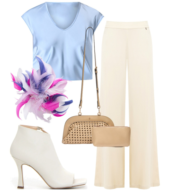 Outfit donna - Seta al tramonto. Stile Chic per Serata fuori. Abbinamento con pantaloni a palazzo, bluse, sandali col tacco, accessori per capelli, clutch.