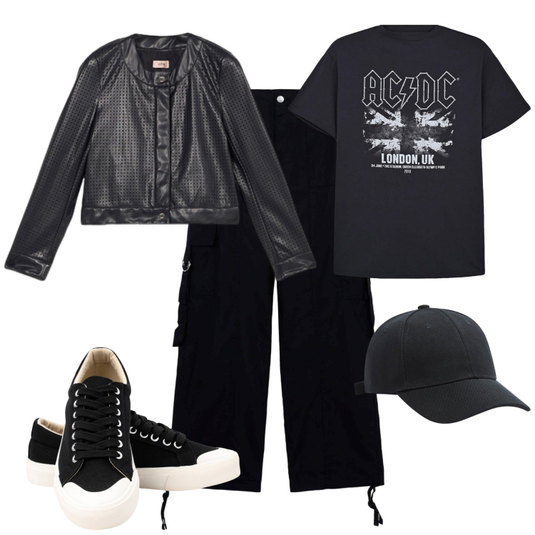 Outfit donna - Concerti rock, musica live a maggio. Stile Rock per Serata fuori. Abbinamento con t-shirt, cappelli, pantaloni cargo, sneakers, giacche.