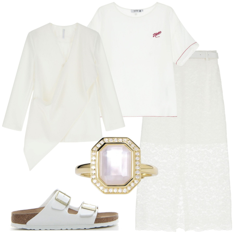 Outfit donna - Bianco assoluto. Stile Basic per Tutti i giorni. Abbinamento con anelli, t-shirt, blazer, gonne longuette, ciabatte.