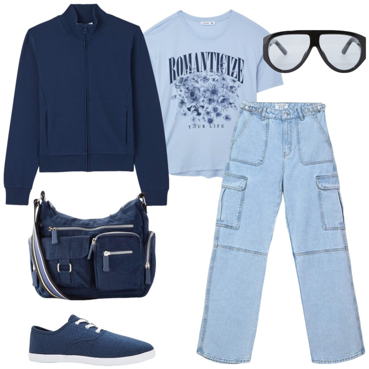 Outfit donna - Università. Stile Urban per Scuola/Università. Abbinamento con sneakers, borse a tracolla, t-shirt, felpe, jeans, occhiali da sole.