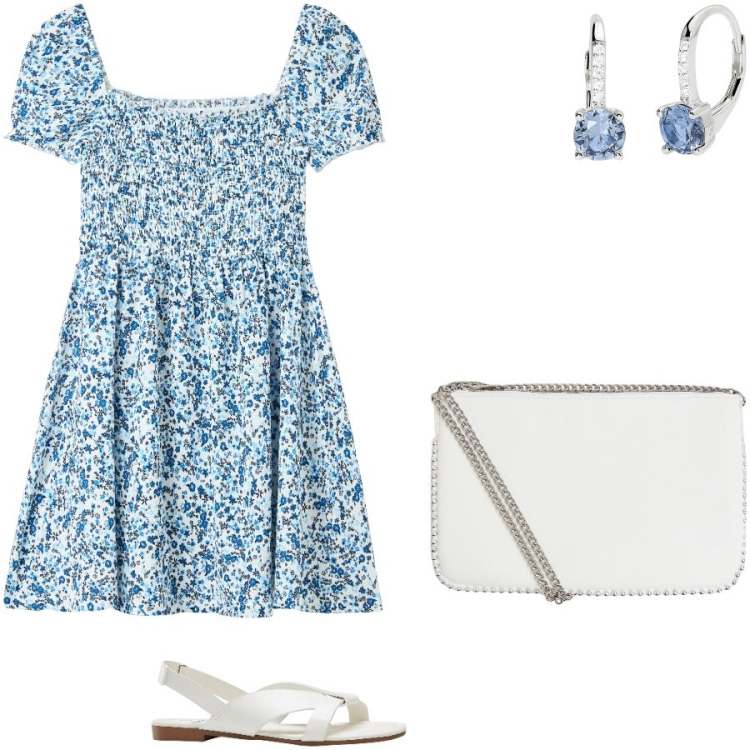 Outfit donna - Fiori fiori fiori. Stile Casual chic per Tutti i giorni. Abbinamento con sandali, vestiti corti, borse a tracolla, orecchini.