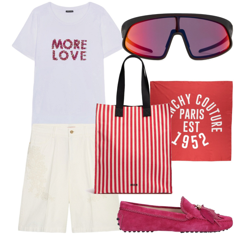 Outfit donna - Montecarlo. Stile Casual chic per Mare. Abbinamento con sciarpe, mocassini, t-shirt, shopping bag, bermuda, occhiali da sole.