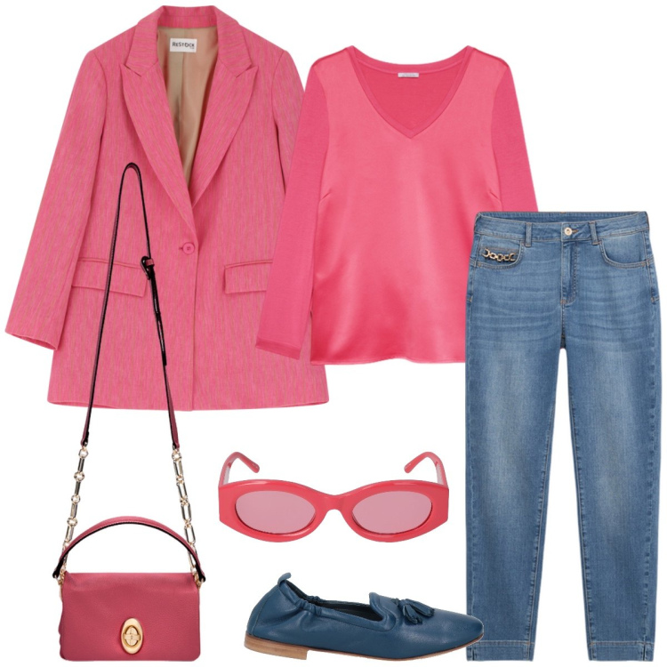 Outfit donna - Ufficio. Stile Casual chic per Ufficio. Abbinamento con mocassini, blazer, t-shirt, jeans skinny, occhiali da sole, borse a tracolla.