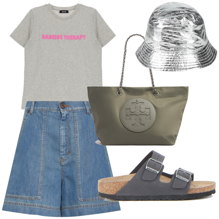 Outfit donna - Montecarlo. Stile Casual chic per Mare. Abbinamento con cappelli, t-shirt, bermuda, shopping bag, ciabatte.