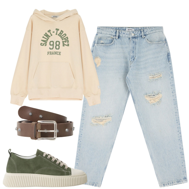 Outfit uomo - Total look #2169485. Stile Casual per Tutti i giorni. Abbinamento con sneakers, felpe con cappuccio, cinture, jeans strappati.