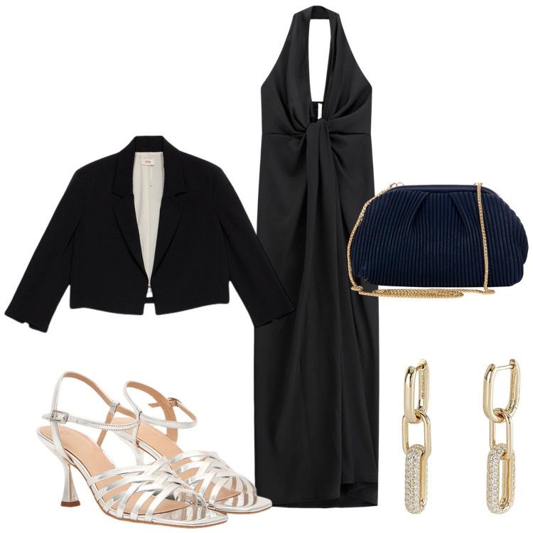 Outfit donna - Cannes. Stile Glamour per Cerimonia. Abbinamento con pochette, orecchini, vestiti lunghi, bolero, sandali col tacco.