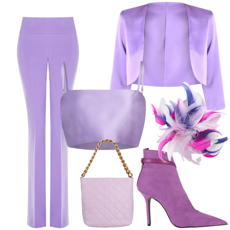 Outfit donna - Cannes. Stile Glamour per Cerimonia. Abbinamento con top, stivaletti, borse a mano, pantaloni, bolero, accessori per capelli.