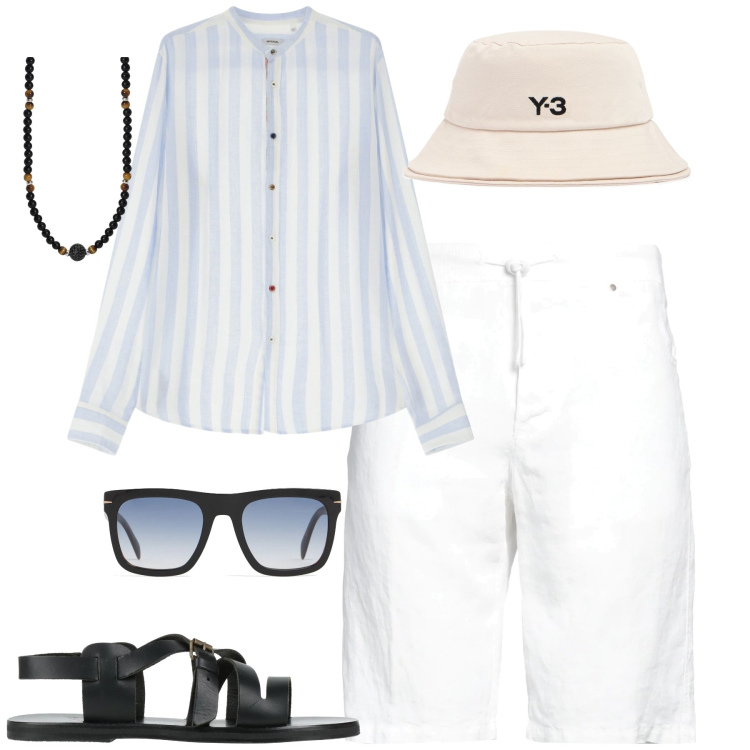 Outfit uomo - I bermuda in lino. Stile Trendy per Mare. Abbinamento con shorts, sandali, collane, camicie, occhiali da sole, cappelli.