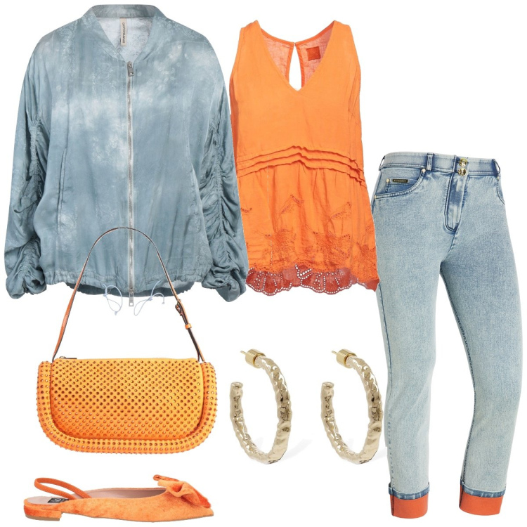 Outfit donna - Passeggiata. Stile Casual per Tutti i giorni. Abbinamento con top, blazer, borse a mano, ballerine, jeans dritti, orecchini.