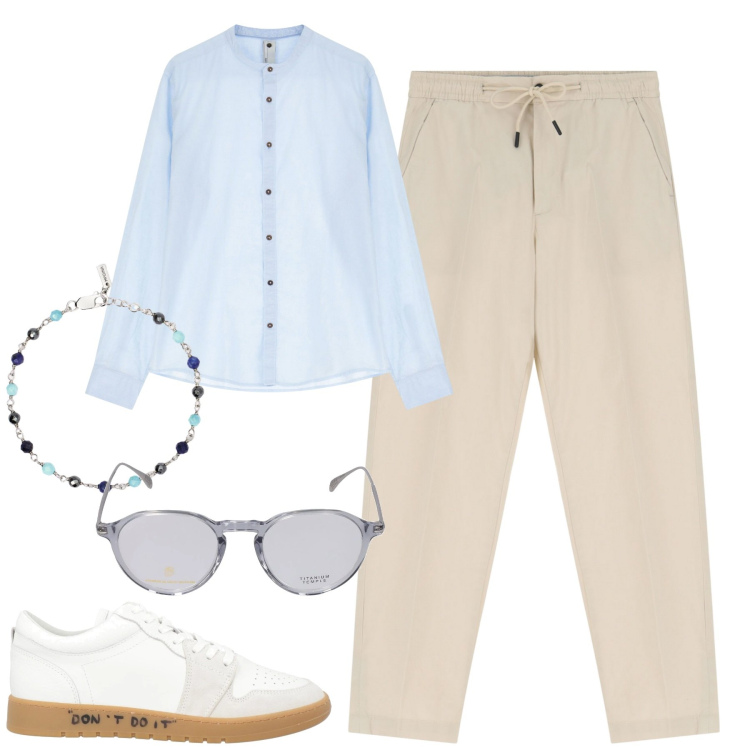 Outfit uomo - Accessori. Stile Trendy per Tutti i giorni. Abbinamento con sneakers, braccialetti, camicie, pantaloni chino, occhiali da sole.