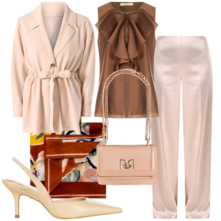 Outfit donna - Rinascimento cerimonia di primavera. Stile Bon Ton per Cerimonia. Abbinamento con pantaloni a palazzo, foulard, blazer, bluse, borse a tracolla, décolleté.