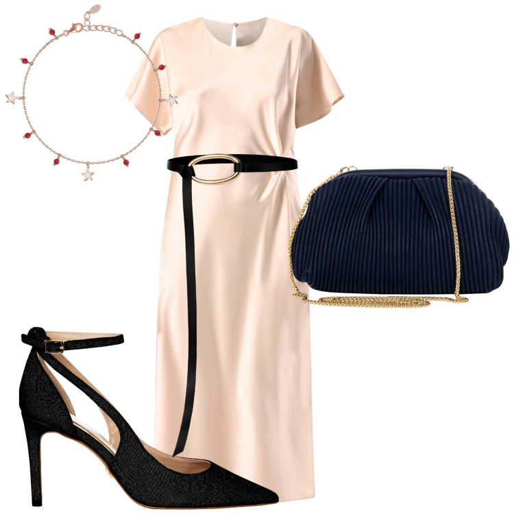 Outfit donna - Grande classe. Stile Bon Ton per Cerimonia. Abbinamento con cinture, pochette, vestiti midi/longuette, décolleté, braccialetti con ciondoli.
