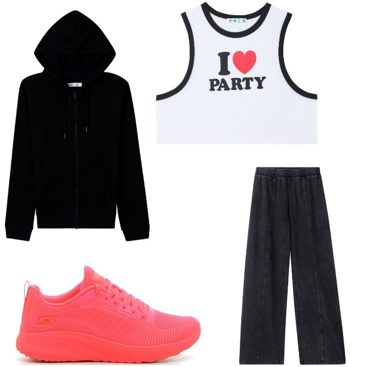 Outfit donna - Total look #2169498. Stile Casual per Tutti i giorni. Abbinamento con canottiere, pantaloni sportivi, felpe sportive, sneakers.