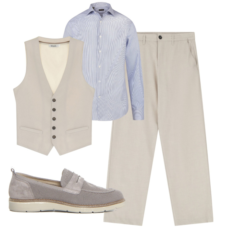 Outfit uomo - In ufficio. Stile Business/Elegante per Ufficio. Abbinamento con pantaloni, gilet, camicie, scarpe stringate.