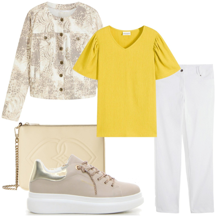 Outfit donna - Tempo di ocra. Stile Glamour per Tutti i giorni. Abbinamento con pantaloni, t-shirt, blazer, sneakers, pochette.