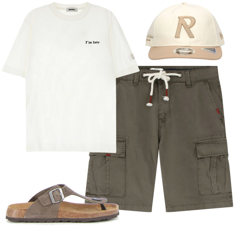 Outfit uomo - Total look #2169502. Stile Casual per Tutti i giorni. Abbinamento con t-shirt, bermuda, sandali, cappelli.