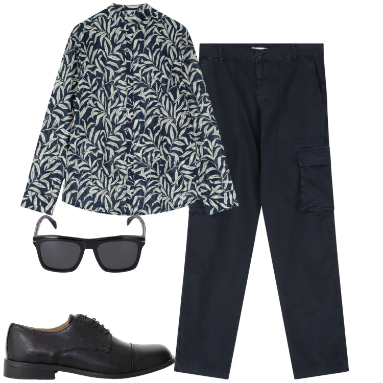 Outfit uomo - A cena. Stile Trendy per Serata speciale. Abbinamento con pantaloni cargo, camicie, scarpe stringate, occhiali da sole.