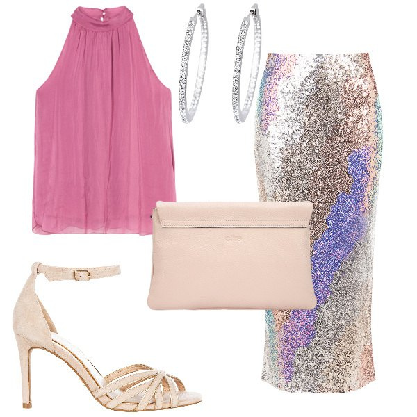 Outfit donna - Rosa e paillettes. Stile Romantica per Serata fuori. Abbinamento con orecchini, gonne longuette, sandali col tacco, borse a tracolla, top.