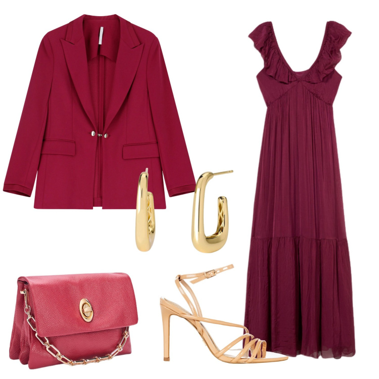 Outfit donna - Seta al tramonto. Stile Chic per Serata fuori. Abbinamento con orecchini, sandali col tacco, blazer, borse a tracolla, vestiti lunghi.