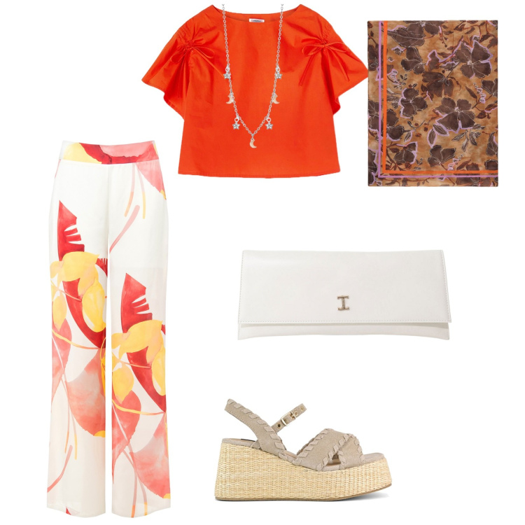 Outfit donna - Seta al tramonto. per Serata fuori. Abbinamento con collane, pantaloni, pochette, zeppe, bluse, foulard.