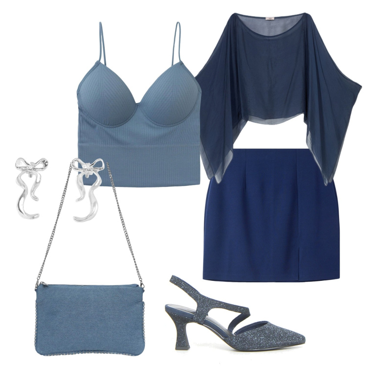 Outfit donna - Serata in blu. Stile Casual chic per Serata fuori. Abbinamento con borse a tracolla, minigonne, orecchini, top, décolleté, bolero.