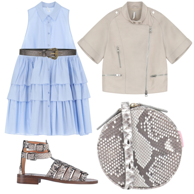 Outfit donna - Abito smanicato chemisier. Stile Casual chic per Tutti i giorni. Abbinamento con borse a tracolla, cinture, sandali alla schiava, vestiti corti, giacche.
