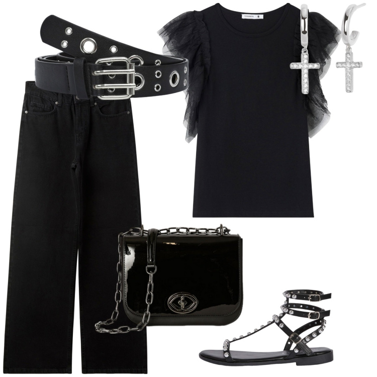 Outfit donna - Black e rock. per Serata fuori. Abbinamento con cinture, jeans, t-shirt, sandali, orecchini, borse a tracolla.