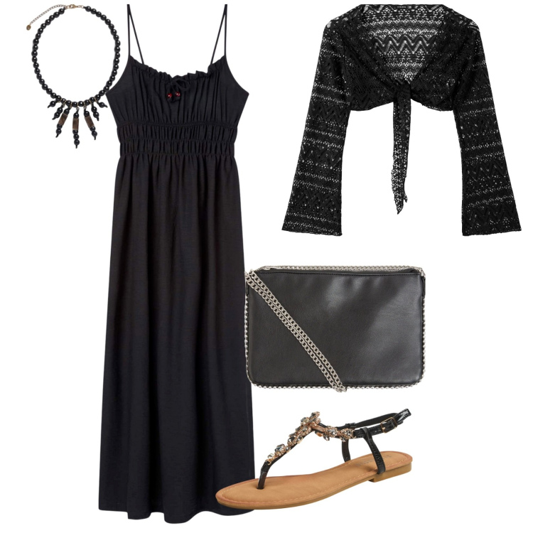 Outfit donna - Black e rock. per Serata fuori. Abbinamento con vestiti lunghi, borse a tracolla, bolero, sandali gioiello, collane.