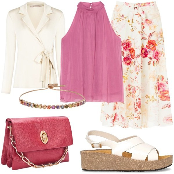 Outfit donna - Seta al tramonto chic. Stile Glamour per Serata fuori. Abbinamento con braccialetti, blazer, gonne longuette, sandali, top, borse a tracolla.