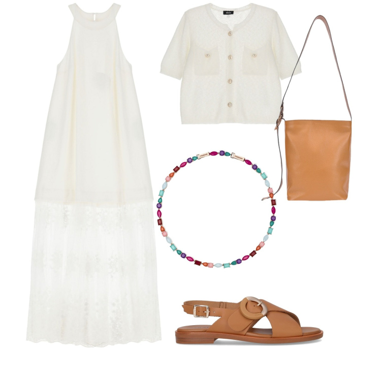 Outfit donna - Fresco d\'estate. per Tutti i giorni. Abbinamento con collane, vestiti lunghi, cardigans, sandali, borse a secchiello.