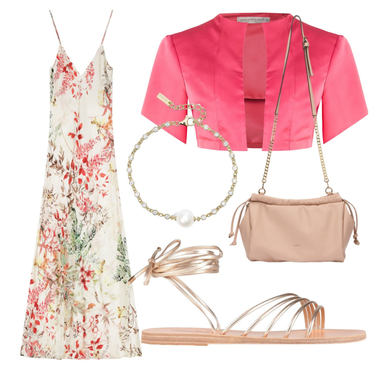 Outfit donna - Abito lungo versatile. Stile Casual chic per Serata fuori. Abbinamento con sandali in pelle, vestiti lunghi, braccialetti, bolero, borse a tracolla.