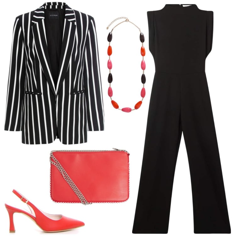 Outfit donna - Aperitivo. Stile Chic per Serata fuori. Abbinamento con blazer, borse a tracolla, tute, décolleté, collane.