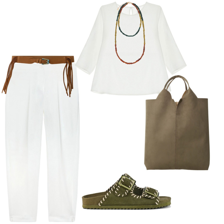 Outfit donna - Freschezza estiva. per Tutti i giorni. Abbinamento con bluse, shopping bag, cinture, sandali, pantaloni, ciondoli.