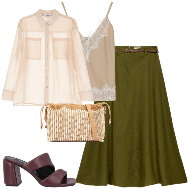 Outfit donna - City. Stile Chic per Tutti i giorni. Abbinamento con sandali in pelle, camicie, top, pochette, gonne longuette.