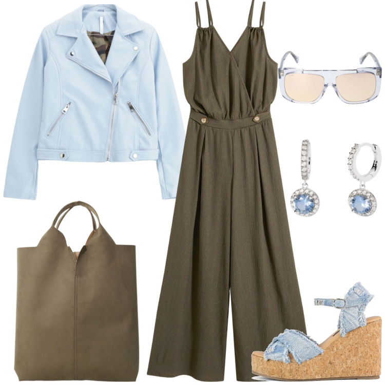 Outfit donna - Shopping. Stile Casual chic per Tutti i giorni. Abbinamento con tute, orecchini, blazer, shopping bag, zeppe, occhiali da sole.