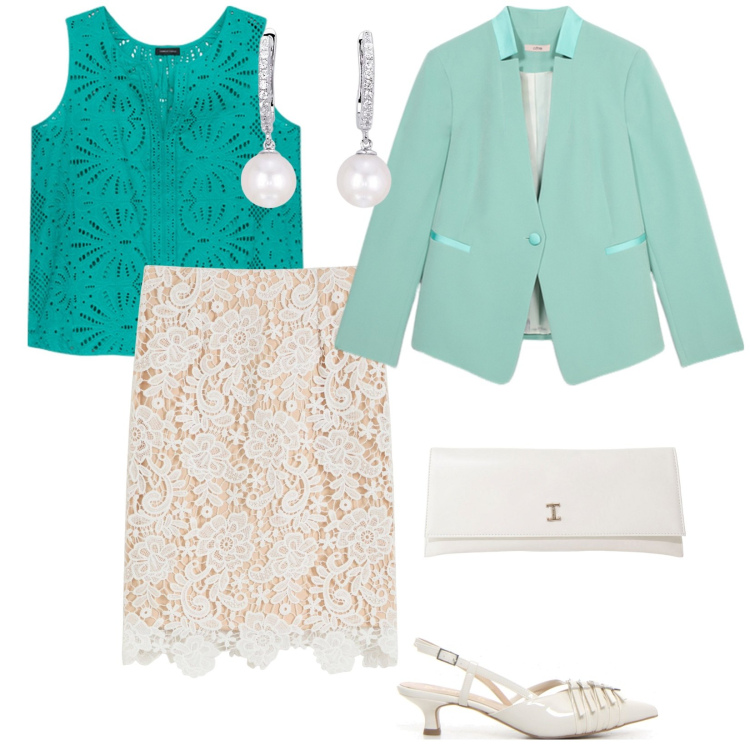 Outfit donna - Battesimo del nipotino. per Cerimonia. Abbinamento con gonne, orecchini, pochette, top, blazer, décolleté.