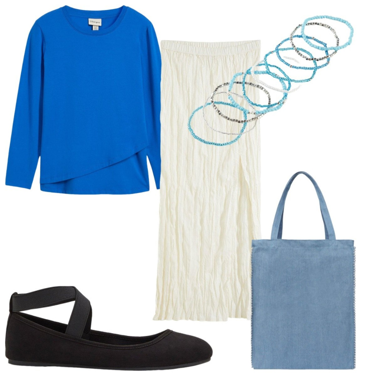Outfit donna - Total look #2169541. Stile Trendy per Tutti i giorni. Abbinamento con gonne lunghe, ballerine, braccialetti, maglieria, borse tote.