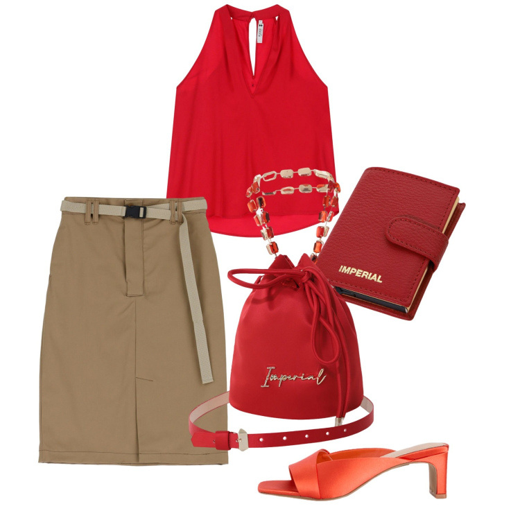 Outfit donna - Red passion. Stile Chic per Tutti i giorni. Abbinamento con gonne, top, portafogli, borse a secchiello, sabot.