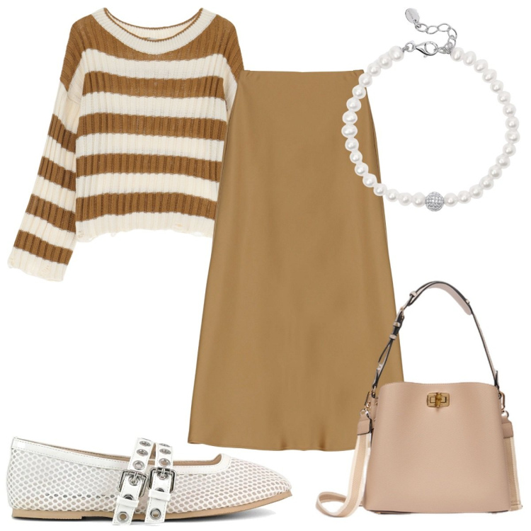 Outfit donna - Total look #2169544. Stile Trendy per Tutti i giorni. Abbinamento con braccialetti, maglieria, gonne lunghe, ballerine, borse a secchiello.