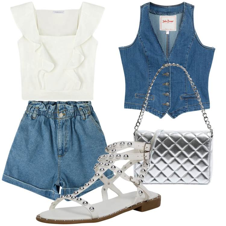 Outfit donna - Short di jeans. Stile Casual per Tutti i giorni. Abbinamento con gilet, borse a tracolla, shorts, sandali, top.