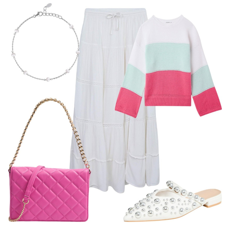 Outfit donna - Total look #2169546. Stile Trendy per Tutti i giorni. Abbinamento con ballerine, maglieria, borse a tracolla, gonne lunghe, braccialetti.