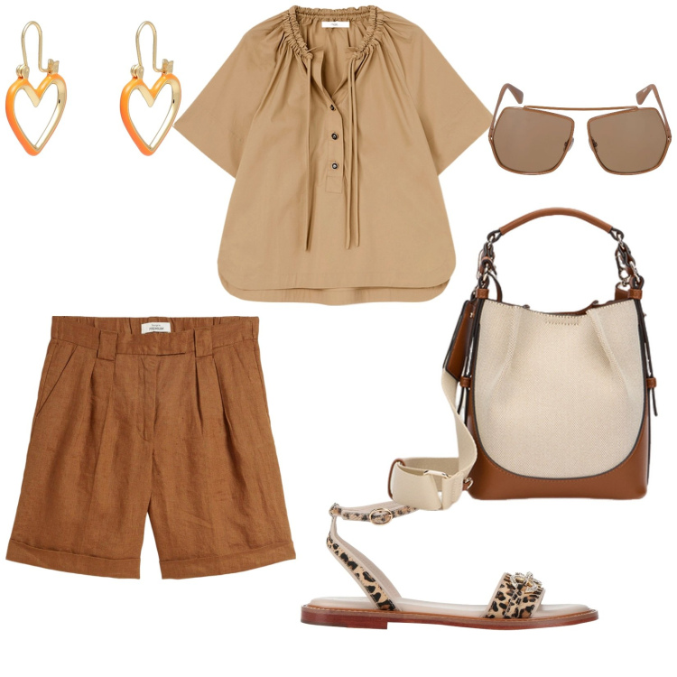 Outfit donna - Estate. per Tutti i giorni. Abbinamento con bermuda, sandali in pelle, orecchini, occhiali da sole, camicie a manica corta, borse a mano.