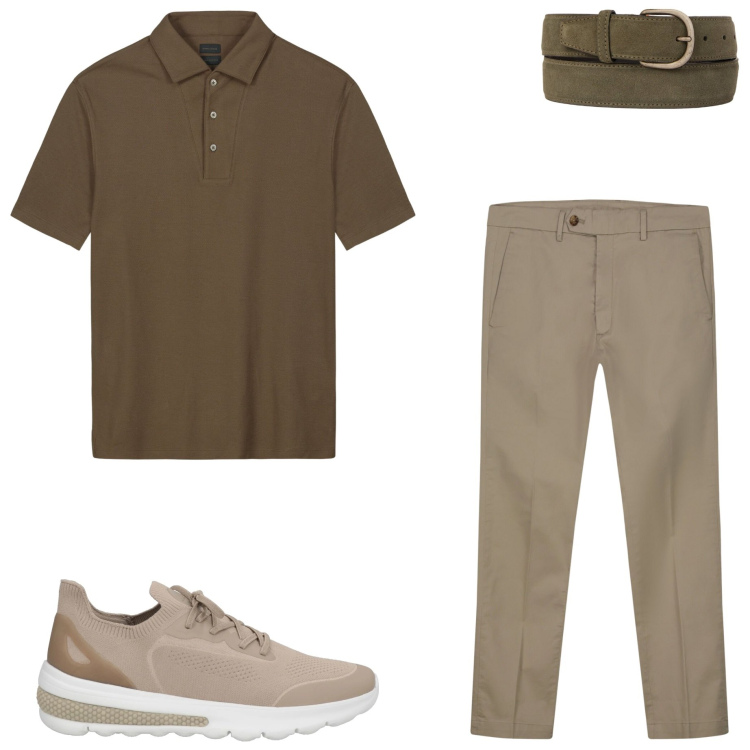Outfit uomo - In ufficio. Stile Casual per Ufficio. Abbinamento con sneakers, pantaloni chino, polo, cinture.