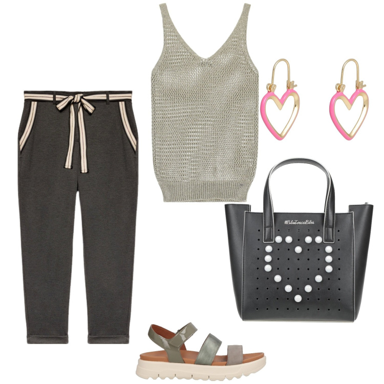 Outfit donna - Un tocco di rosa. per Tutti i giorni. Abbinamento con sandali in pelle, orecchini, borse a mano, canottiere, pantaloni chino.