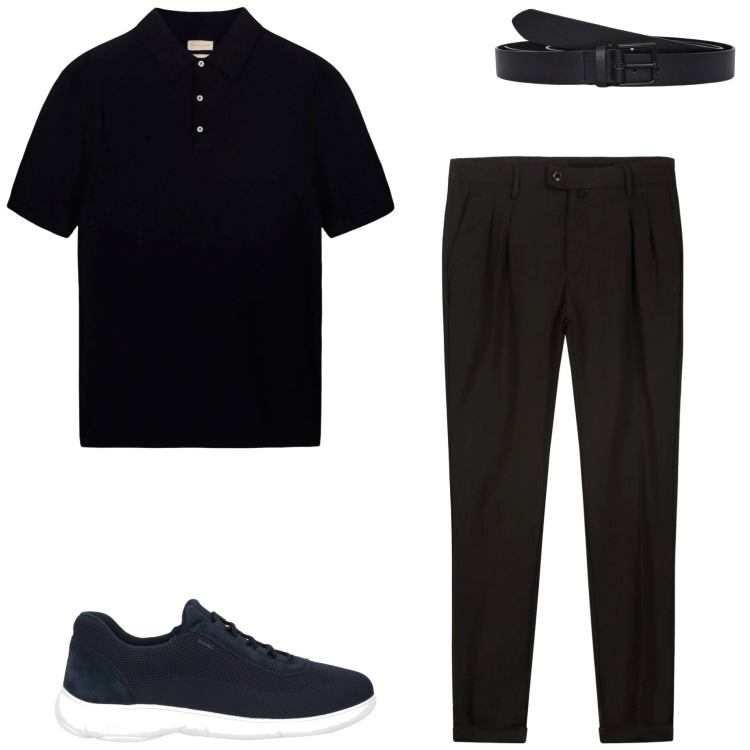 Outfit uomo - Total black. Stile Casual per Ufficio. Abbinamento con sneakers, cinture, pantaloni, polo.