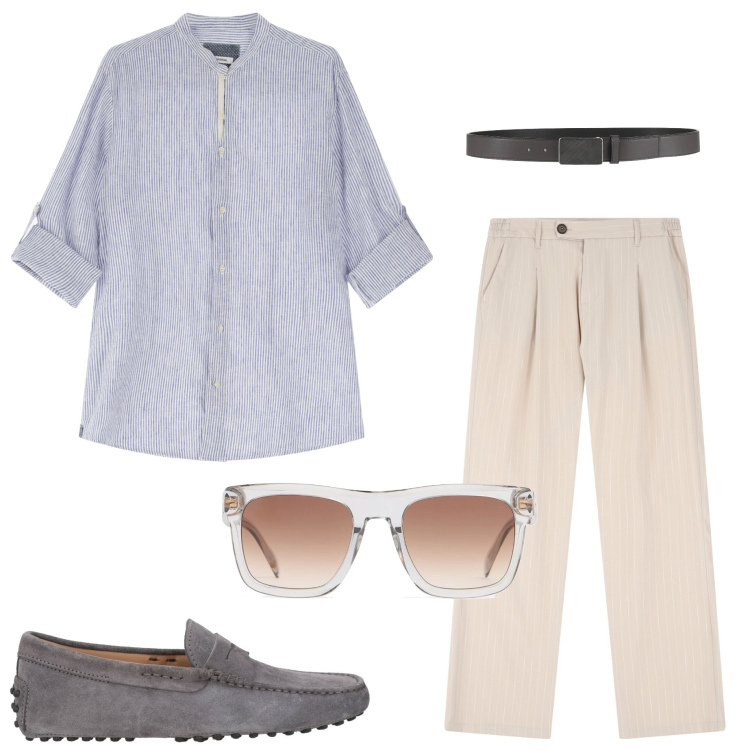 Outfit uomo - Serata con amici. Stile Casual per Serata speciale. Abbinamento con cinture, scarpe stringate, pantaloni, camicie, occhiali da sole.