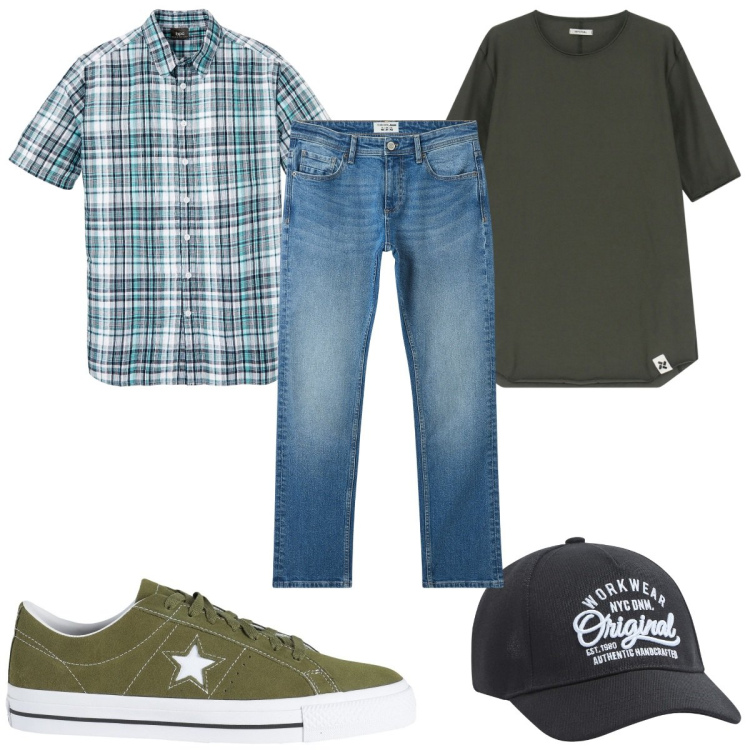 Outfit uomo - Total look #2169570. Stile Trendy per Tutti i giorni. Abbinamento con camicie a manica corta, sneakers, jeans, cappelli, t-shirt.