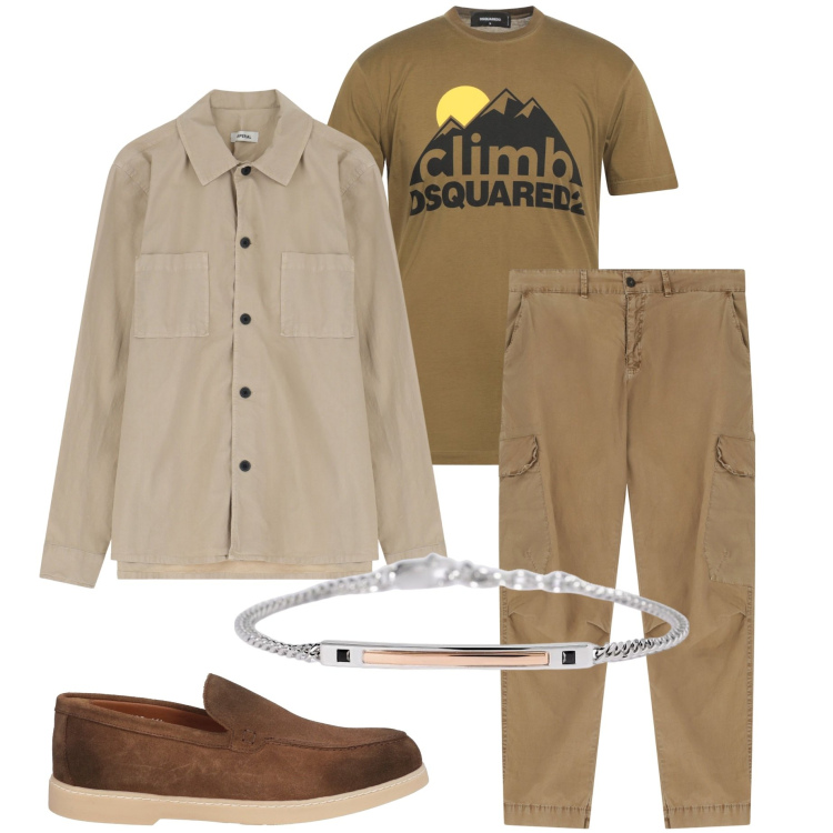 Outfit uomo - Serata con amici. Stile Casual per Serata speciale. Abbinamento con scarpe stringate, t-shirt, braccialetti, giacche, pantaloni cargo.