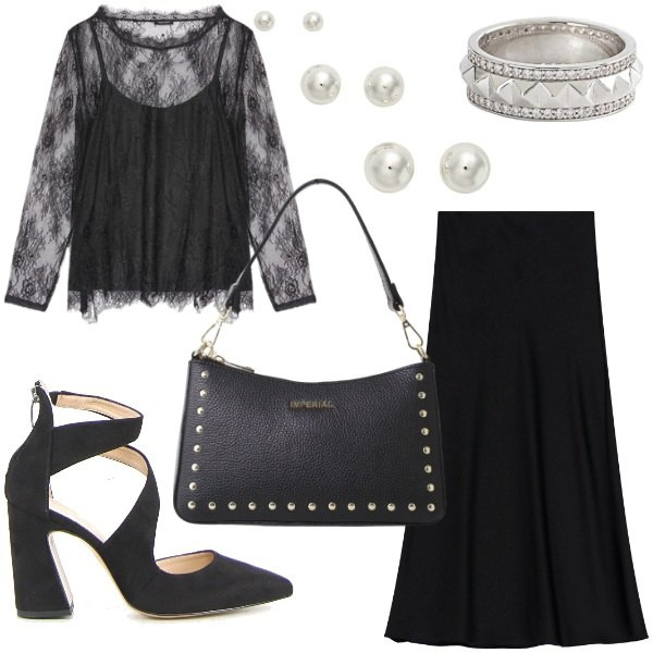 Outfit donna - Concerti rock, musica live a maggio. Stile Rock per Serata fuori. Abbinamento con anelli, borse a spalla, gonne lunghe, orecchini, t-shirt, sandali in pelle.